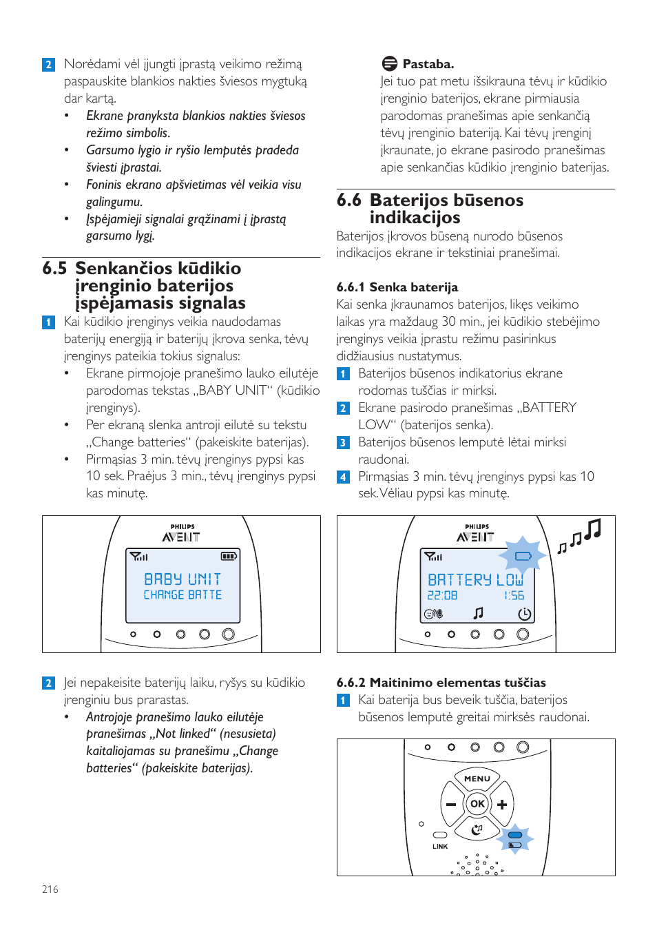 6 baterijos būsenos indikacijos | Philips AVENT Vigilabebés DECT User Manual | Page 216 / 460