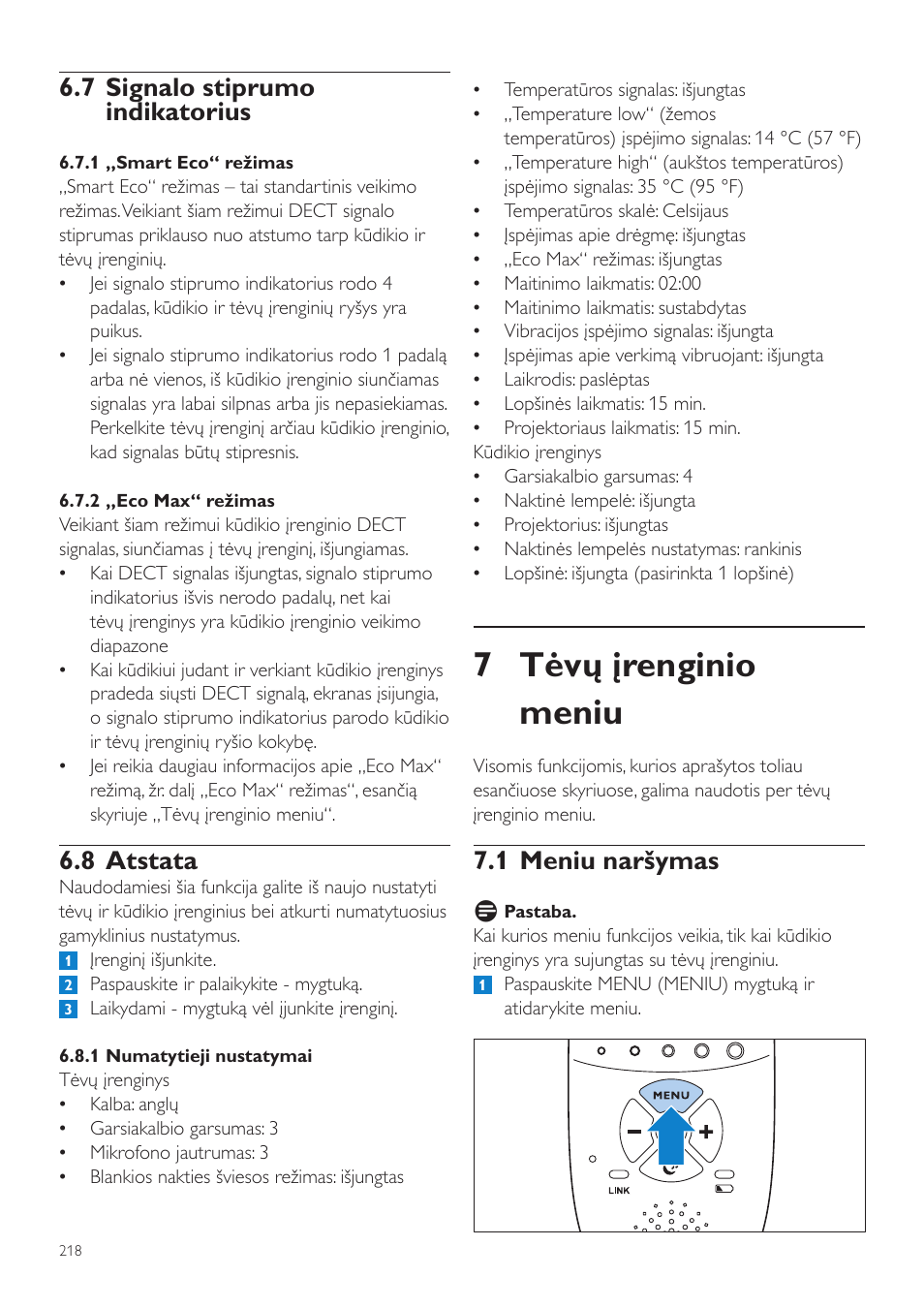 7 tėvų įrenginio meniu, 1 meniu naršymas, 7 signalo stiprumo indikatorius | 8 atstata | Philips AVENT Vigilabebés DECT User Manual | Page 218 / 460