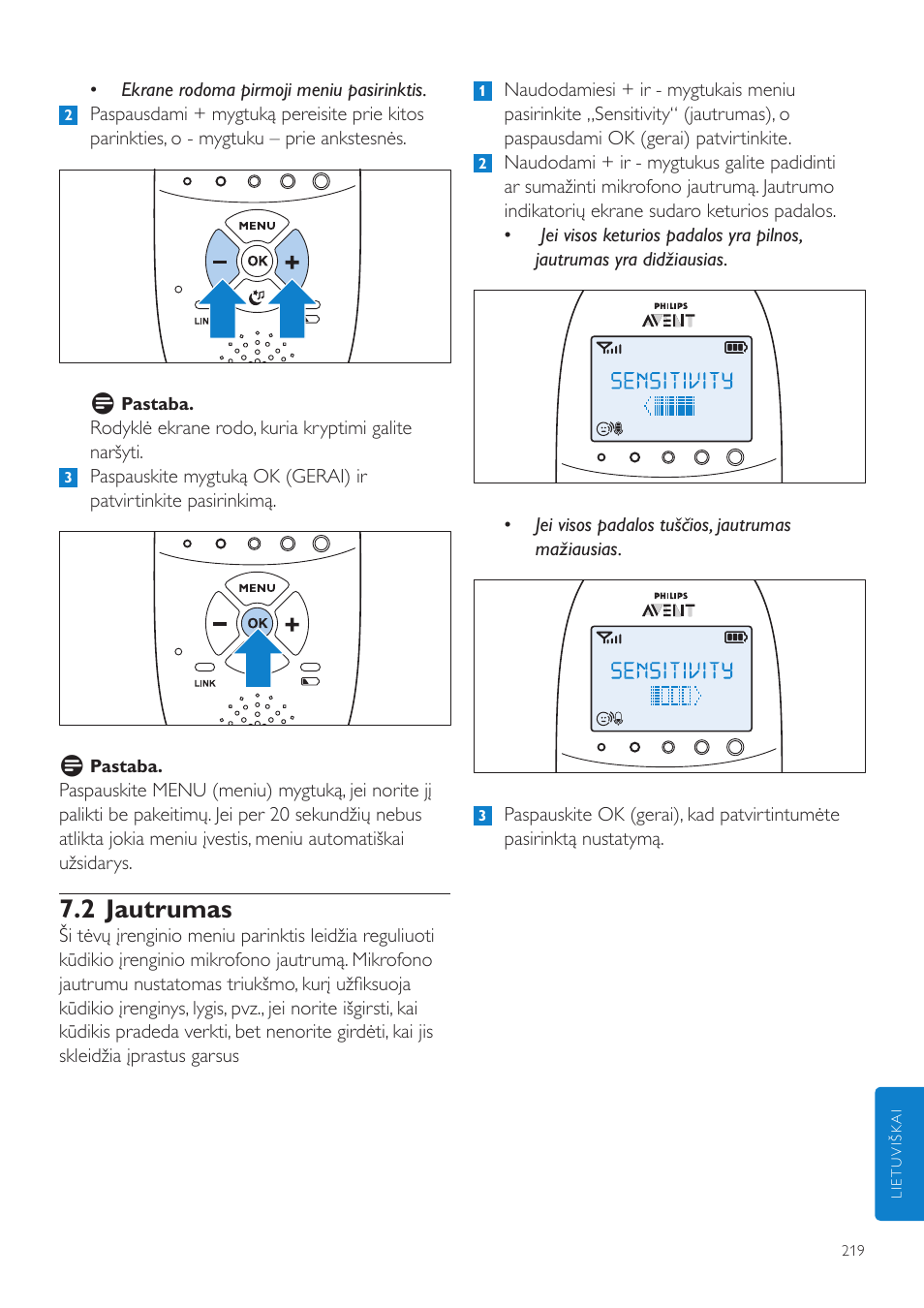 2 jautrumas | Philips AVENT Vigilabebés DECT User Manual | Page 219 / 460
