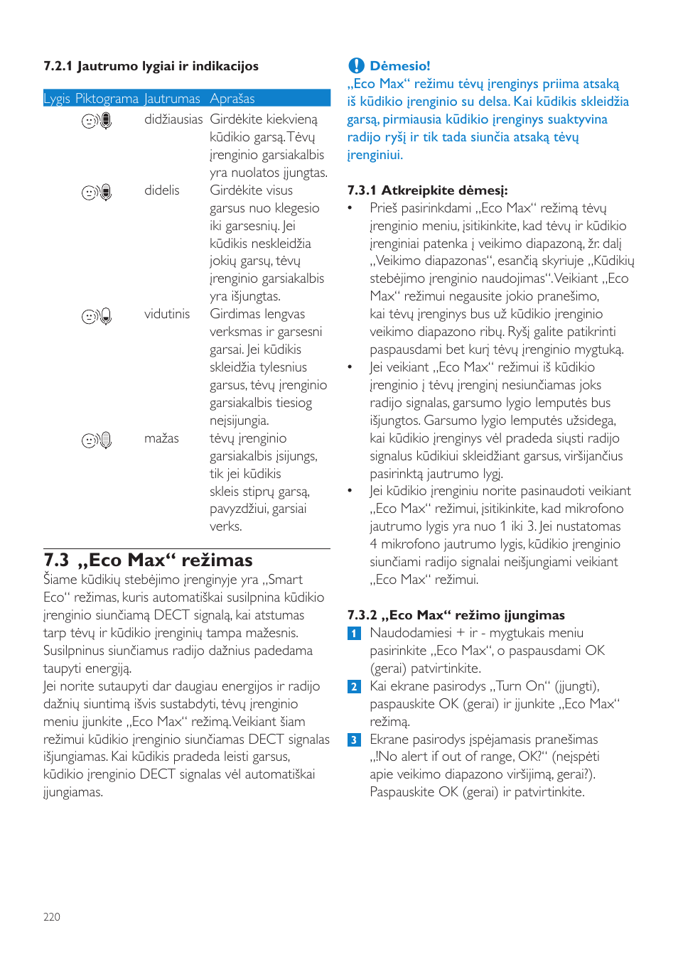 3 „eco max“ režimas | Philips AVENT Vigilabebés DECT User Manual | Page 220 / 460