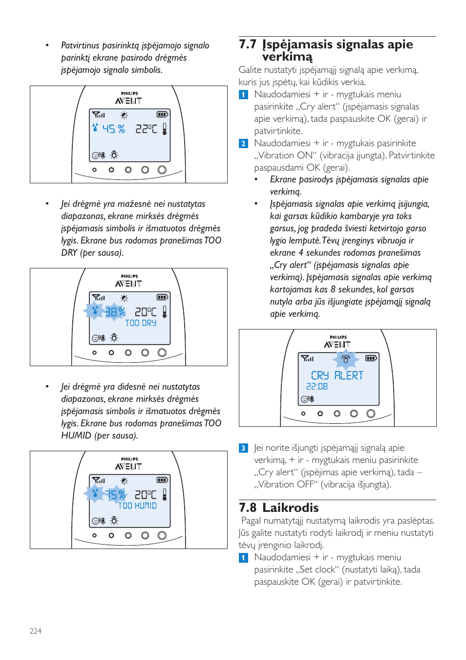7 įspėjamasis signalas apie verkimą, 8 laikrodis | Philips AVENT Vigilabebés DECT User Manual | Page 224 / 460