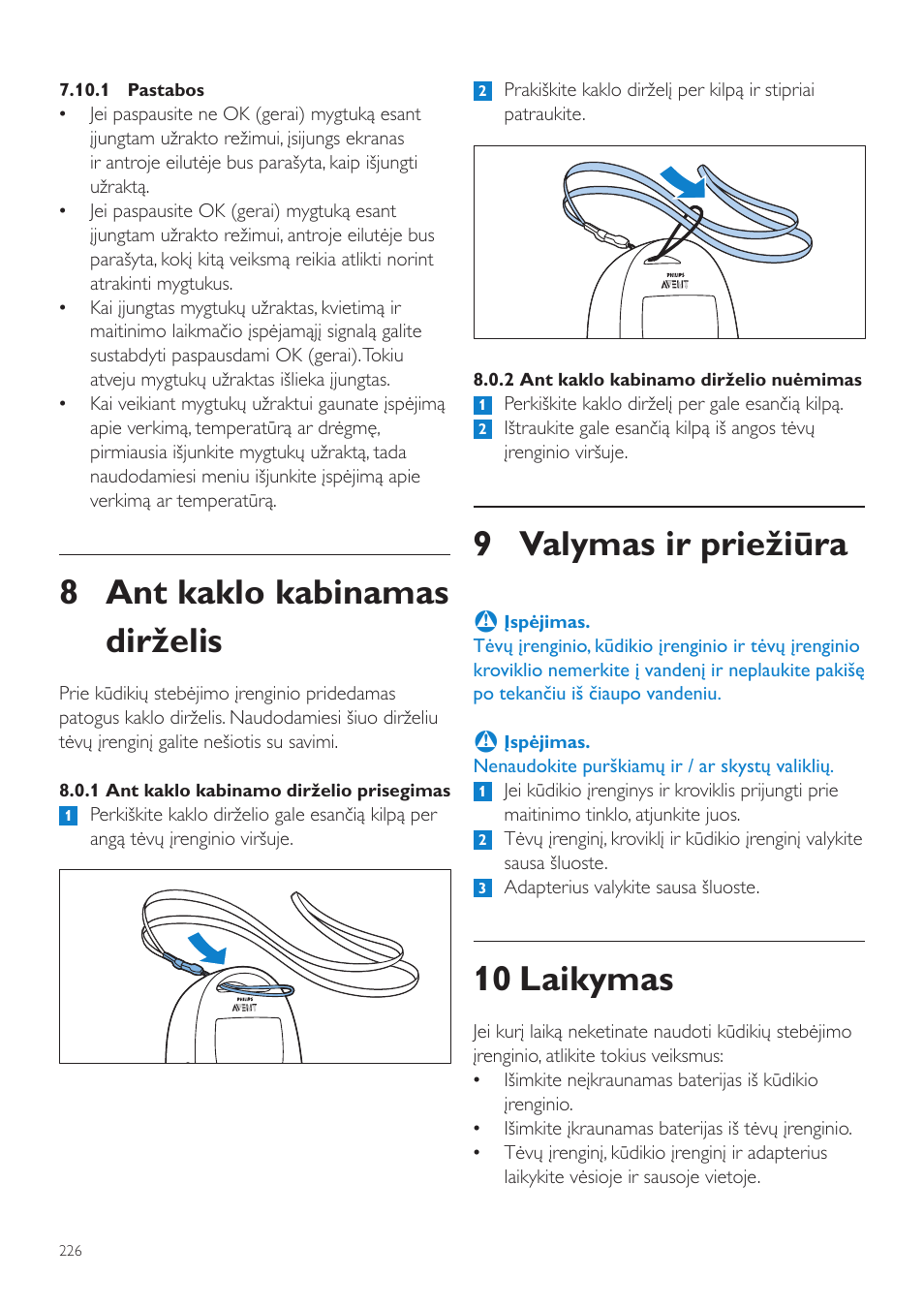 9 valymas ir priežiūra, 10 laikymas, 8 ant kaklo kabinamas dirželis | Philips AVENT Vigilabebés DECT User Manual | Page 226 / 460