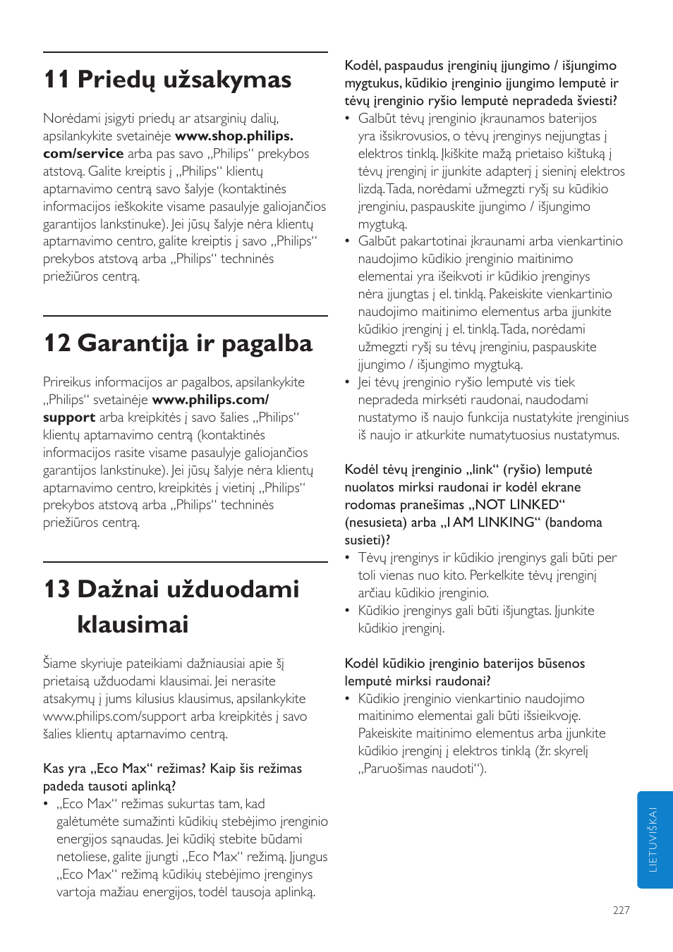 11 priedų užsakymas, 12 garantija ir pagalba, 13 dažnai užduodami klausimai | Philips AVENT Vigilabebés DECT User Manual | Page 227 / 460