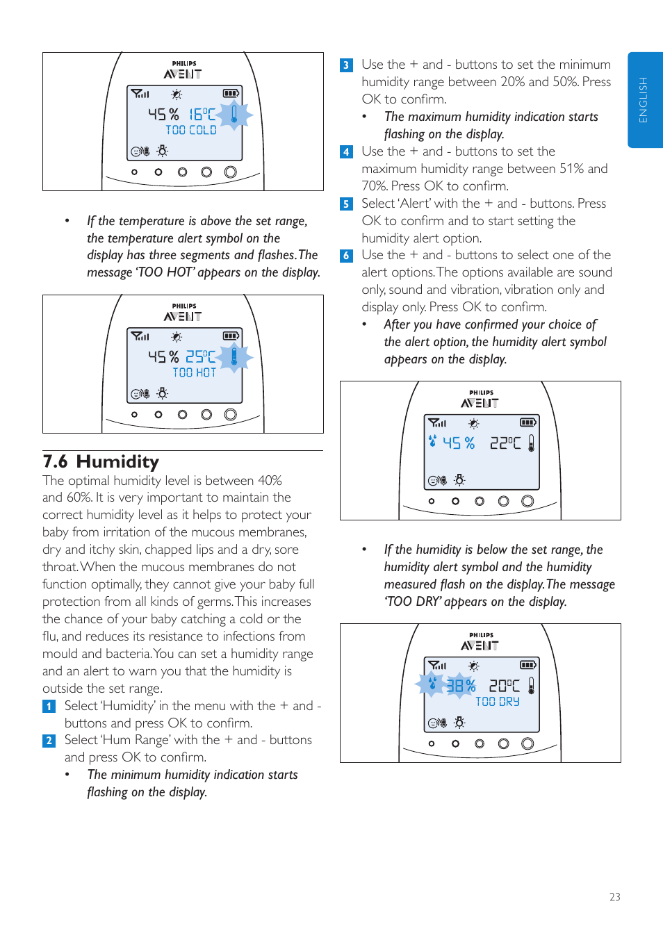 6 humidity | Philips AVENT Vigilabebés DECT User Manual | Page 23 / 460
