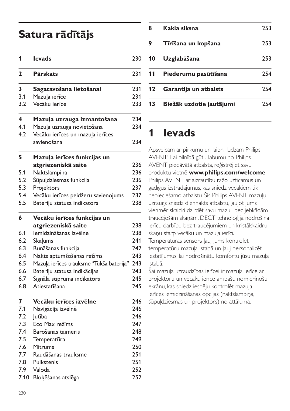 Latviešu, Lietotāja rokasgrāmata, 1 ievads | Satura rādītājs | Philips AVENT Vigilabebés DECT User Manual | Page 230 / 460