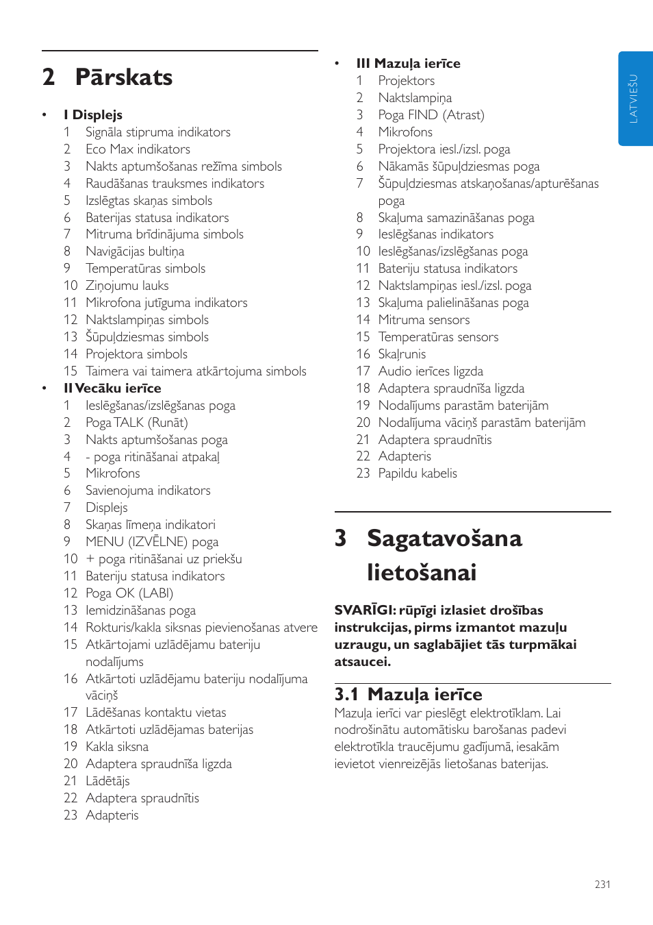 3 sagatavošana lietošanai, 2 pārskats, 1 mazuļa ierīce | Philips AVENT Vigilabebés DECT User Manual | Page 231 / 460