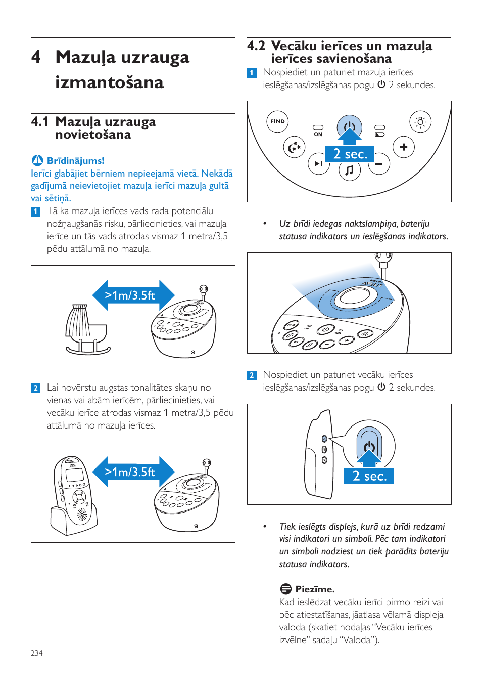 4 mazuļa uzrauga izmantošana, 2 vecāku ierīces un mazuļa ierīces savienošana, 1 mazuļa uzrauga novietošana | Philips AVENT Vigilabebés DECT User Manual | Page 234 / 460