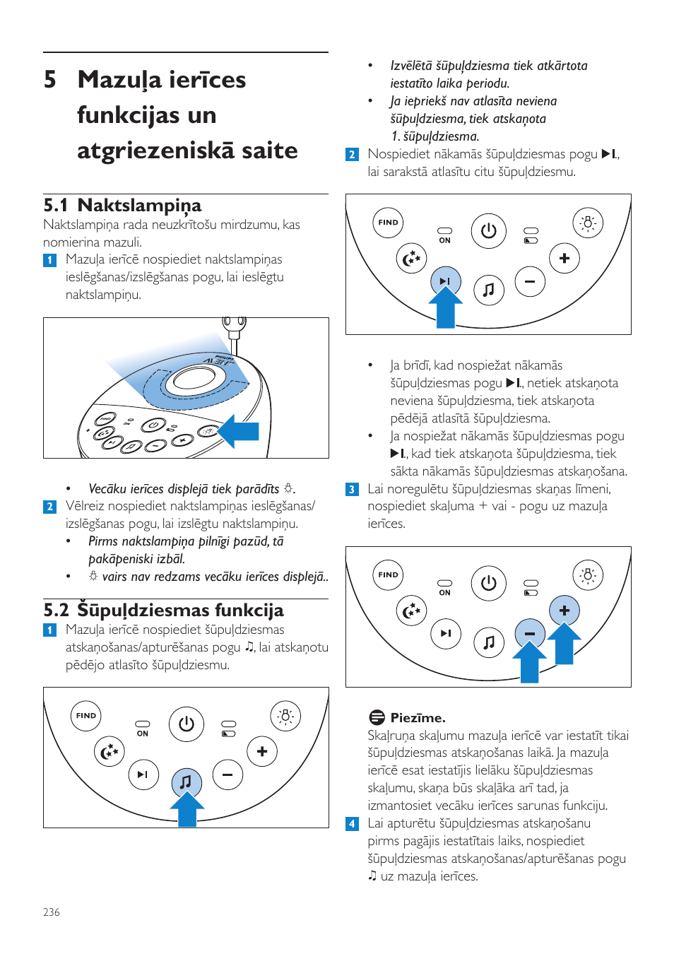 5 mazuļa ierīces funkcijas un atgriezeniskā saite, 1 naktslampiņa, 2 šūpuļdziesmas funkcija | Philips AVENT Vigilabebés DECT User Manual | Page 236 / 460