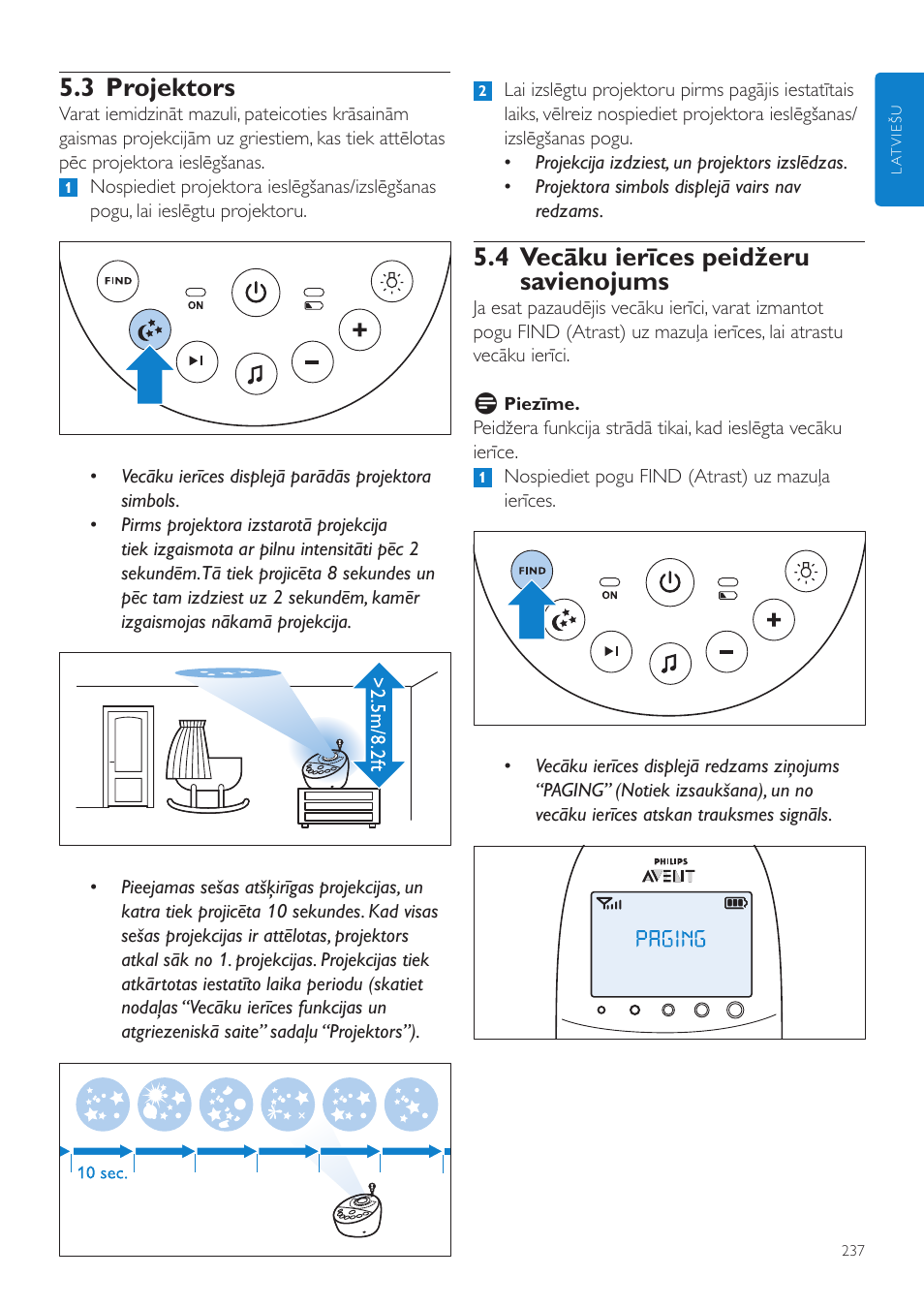4 vecāku ierīces peidžeru savienojums, 3 projektors | Philips AVENT Vigilabebés DECT User Manual | Page 237 / 460