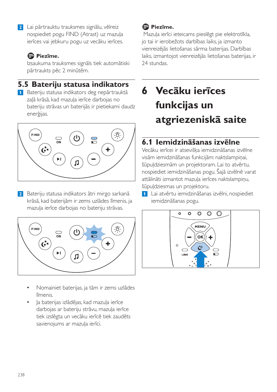 6 vecāku ierīces funkcijas un atgriezeniskā saite, 1 iemidzināšanas izvēlne, 5 bateriju statusa indikators | Philips AVENT Vigilabebés DECT User Manual | Page 238 / 460