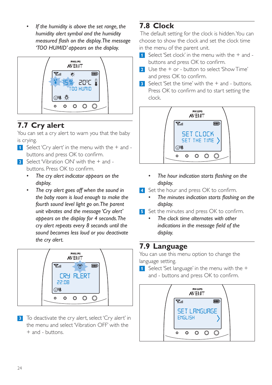 8 clock, 9 language, 7 cry alert | Philips AVENT Vigilabebés DECT User Manual | Page 24 / 460