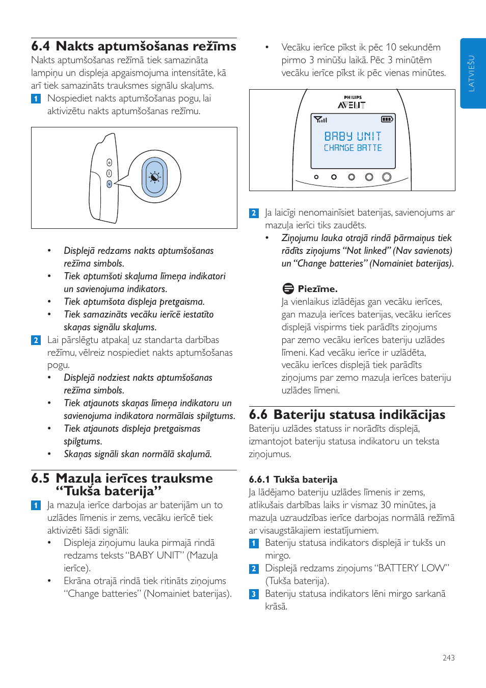 6 bateriju statusa indikācijas, 4 nakts aptumšošanas režīms, 5 mazuļa ierīces trauksme “tukša baterija | Philips AVENT Vigilabebés DECT User Manual | Page 243 / 460