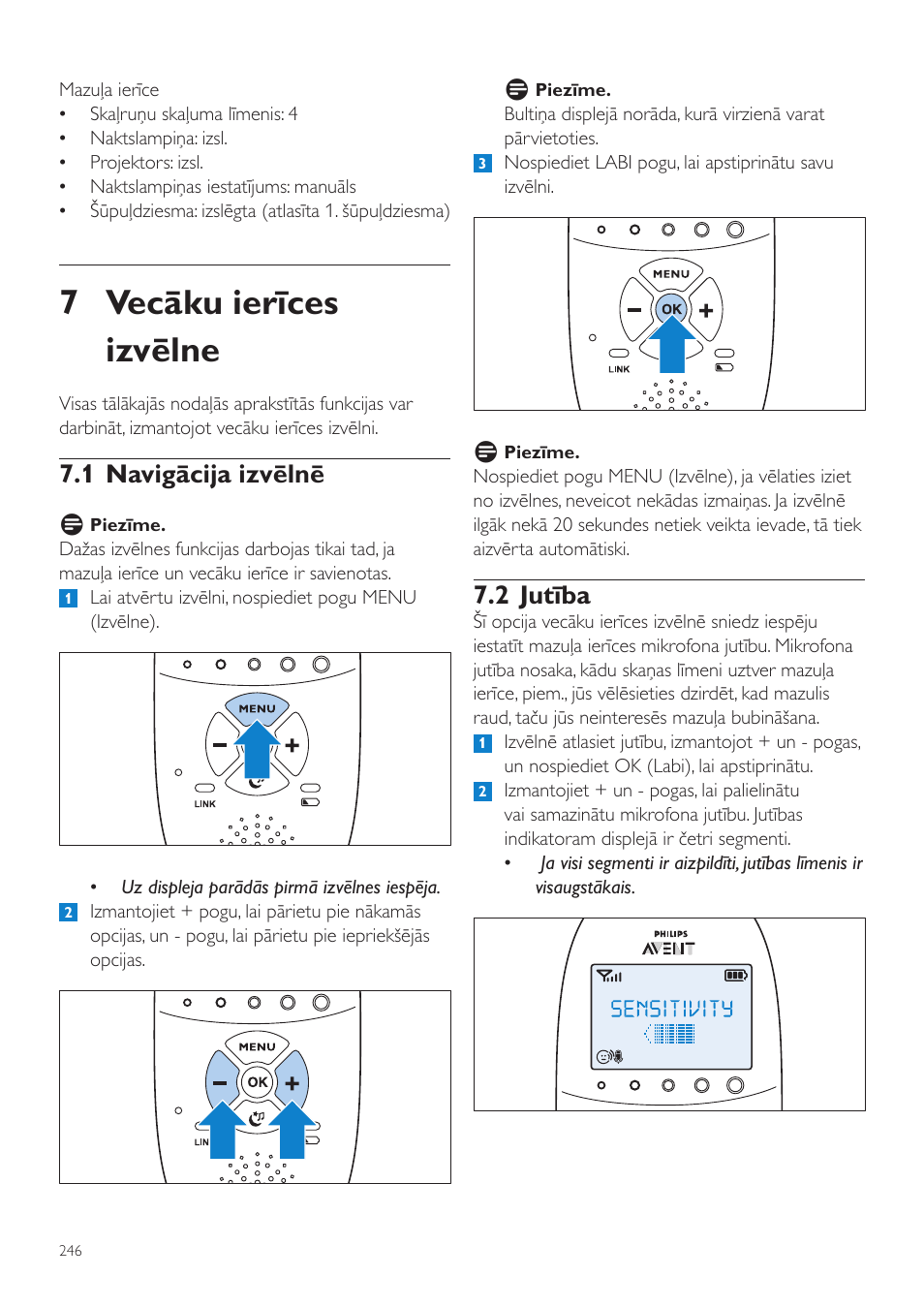 7 vecāku ierīces izvēlne, 2 jutība, 1 navigācija izvēlnē | Philips AVENT Vigilabebés DECT User Manual | Page 246 / 460