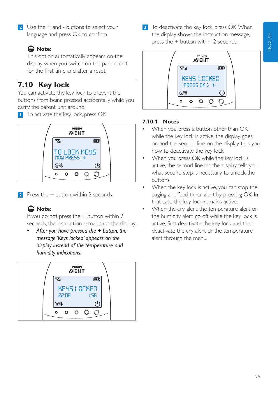 10 key lock | Philips AVENT Vigilabebés DECT User Manual | Page 25 / 460