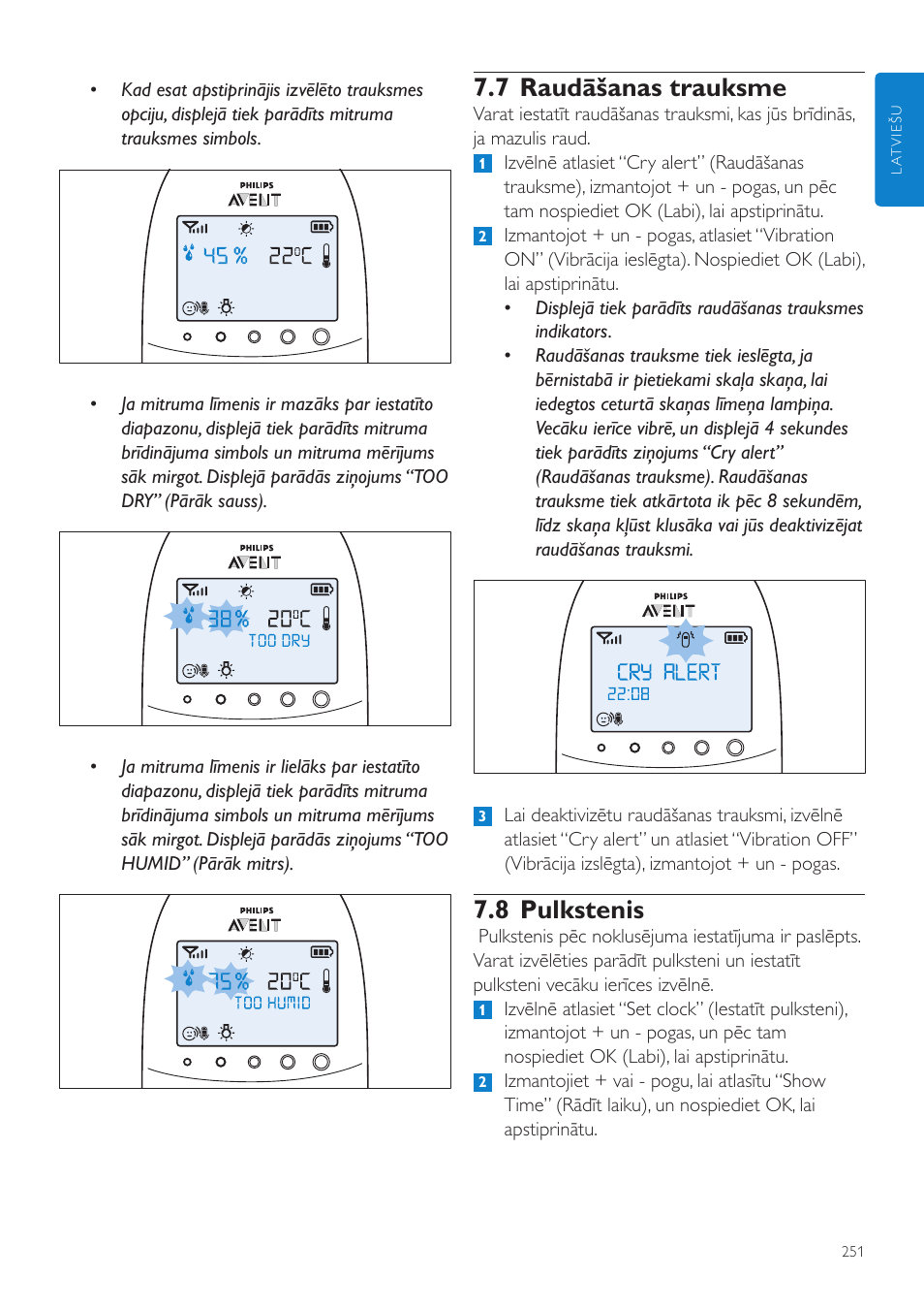 7 raudāšanas trauksme, 8 pulkstenis | Philips AVENT Vigilabebés DECT User Manual | Page 251 / 460