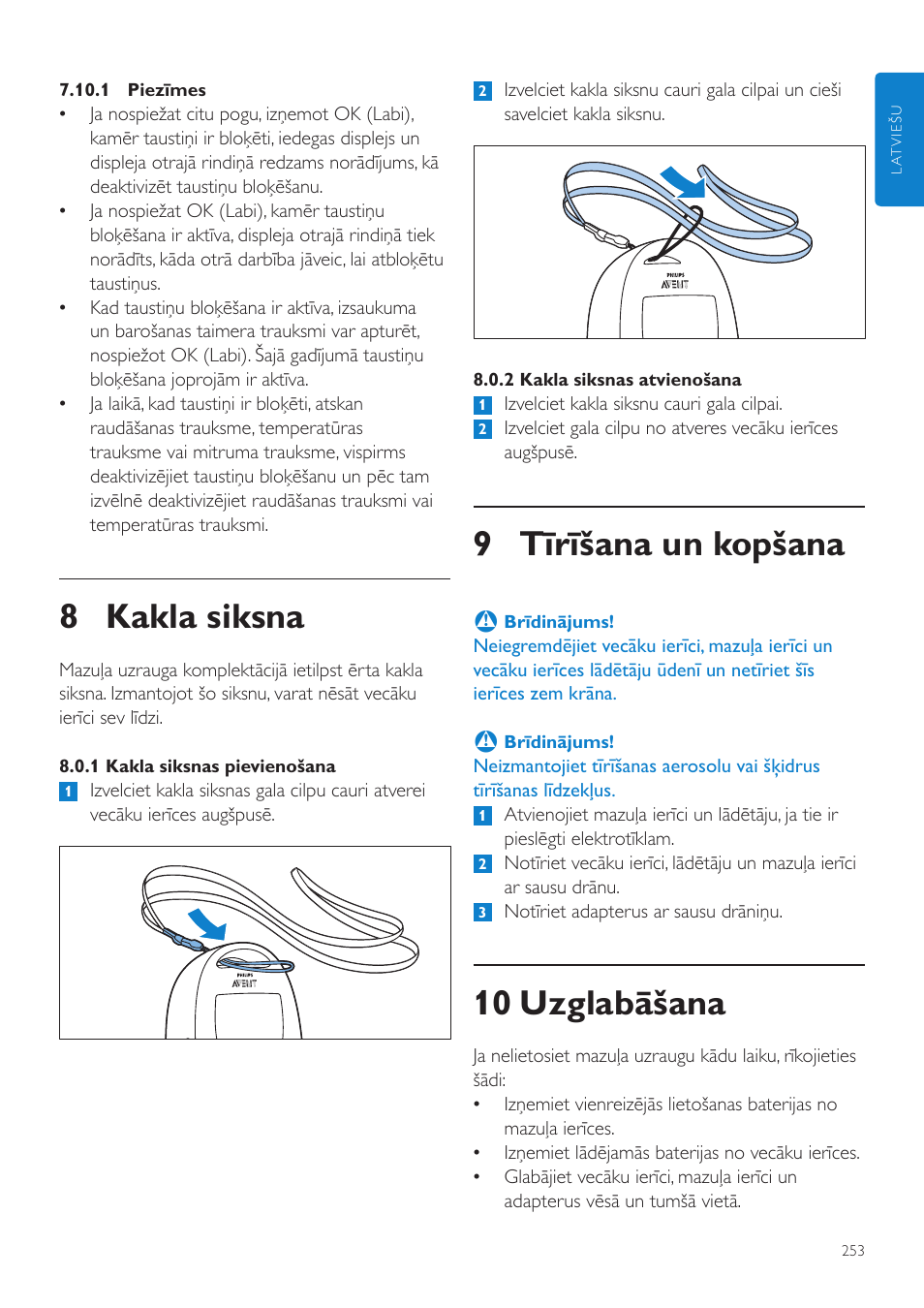 9 tīrīšana un kopšana, 10 uzglabāšana, 8 kakla siksna | Philips AVENT Vigilabebés DECT User Manual | Page 253 / 460