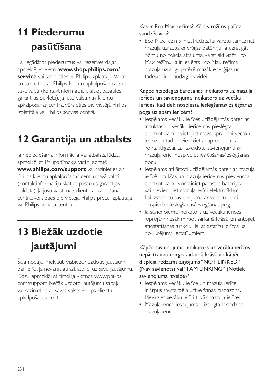 11 piederumu pasūtīšana, 12 garantija un atbalsts, 13 biežāk uzdotie jautājumi | Philips AVENT Vigilabebés DECT User Manual | Page 254 / 460