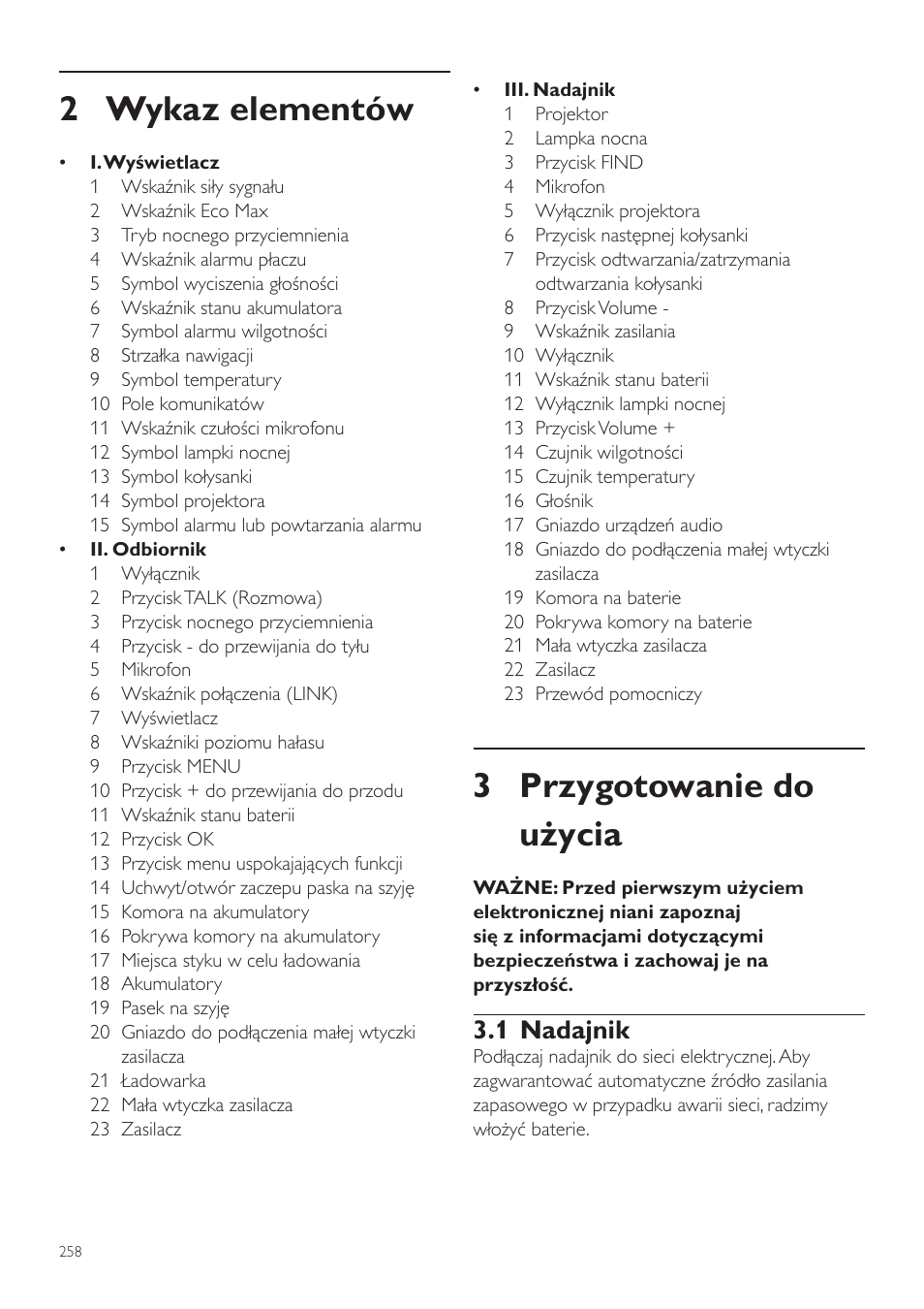 3 przygotowanie do użycia, 2 wykaz elementów, 1 nadajnik | Philips AVENT Vigilabebés DECT User Manual | Page 258 / 460