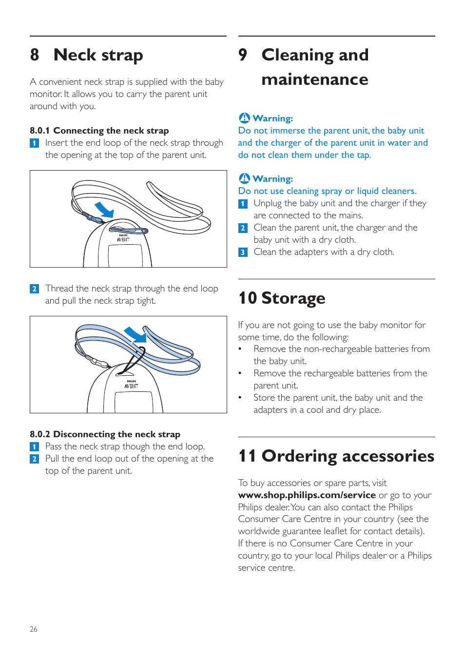 9 cleaning and maintenance, 10 storage, 11 ordering accessories | 8 neck strap | Philips AVENT Vigilabebés DECT User Manual | Page 26 / 460