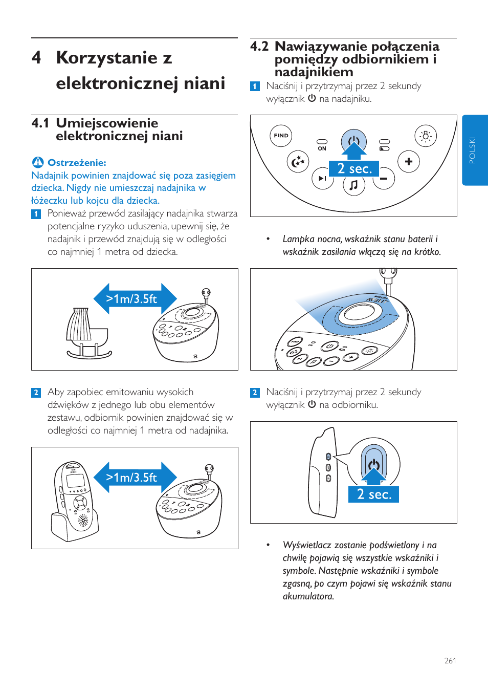 4 korzystanie z elektronicznej niani, 1 umiejscowienie elektronicznej niani | Philips AVENT Vigilabebés DECT User Manual | Page 261 / 460