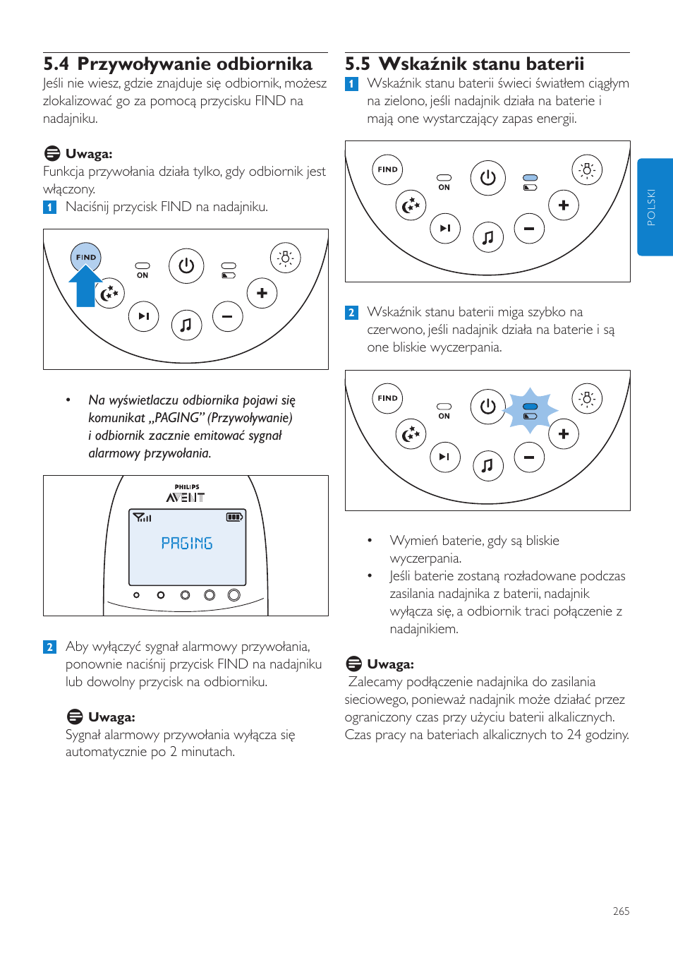 5 wskaźnik stanu baterii, 4 przywoływanie odbiornika | Philips AVENT Vigilabebés DECT User Manual | Page 265 / 460
