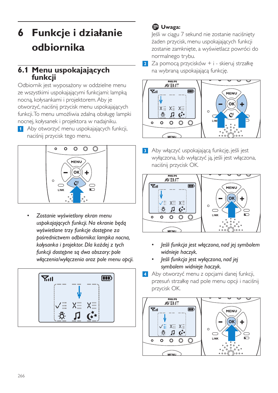 6 funkcje i działanie odbiornika, 1 menu uspokajających funkcji | Philips AVENT Vigilabebés DECT User Manual | Page 266 / 460