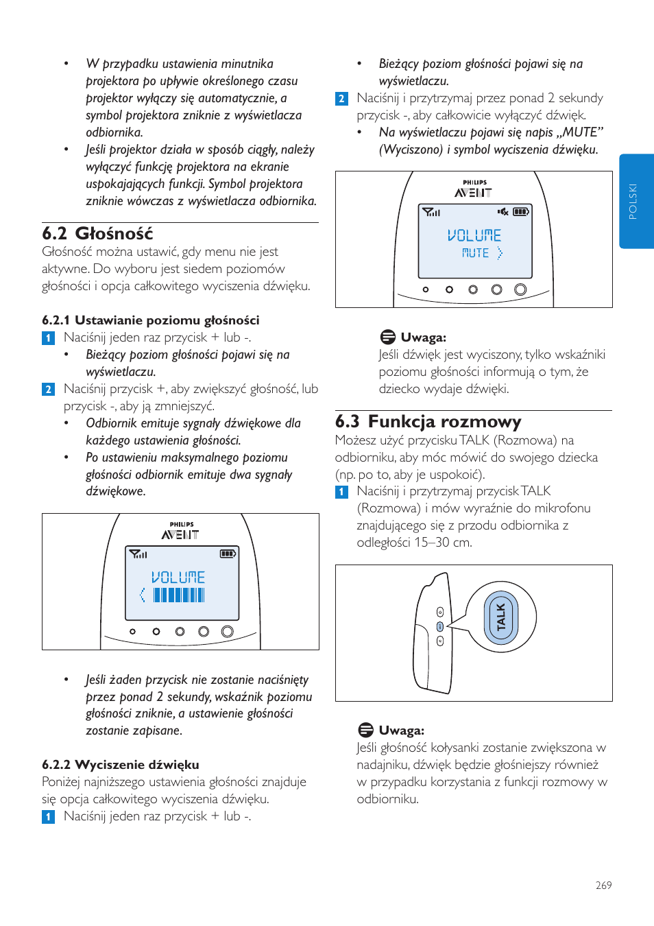 3 funkcja rozmowy, 2 głośność | Philips AVENT Vigilabebés DECT User Manual | Page 269 / 460