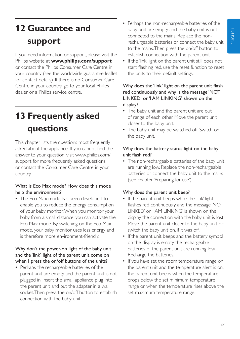 12 guarantee and support, 13 frequently asked questions | Philips AVENT Vigilabebés DECT User Manual | Page 27 / 460