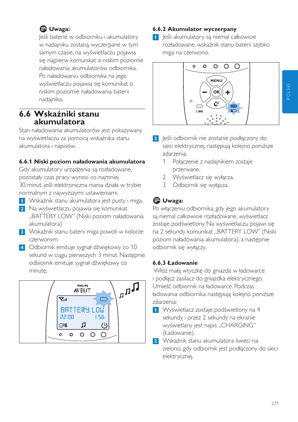 6 wskaźniki stanu akumulatora | Philips AVENT Vigilabebés DECT User Manual | Page 271 / 460