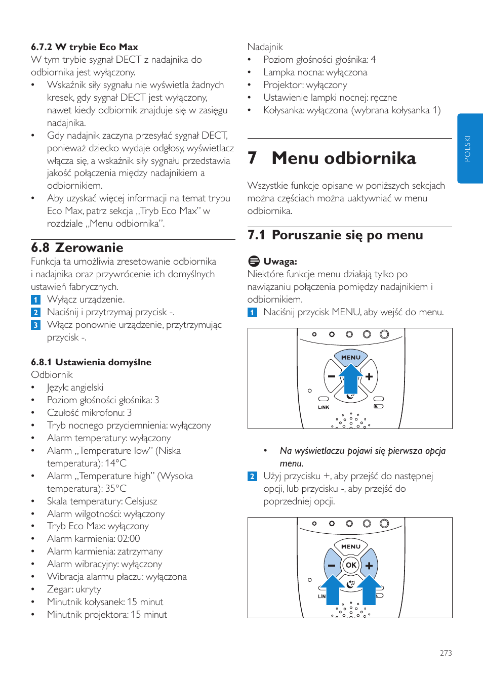 7 menu odbiornika, 1 poruszanie się po menu, 8 zerowanie | Philips AVENT Vigilabebés DECT User Manual | Page 273 / 460