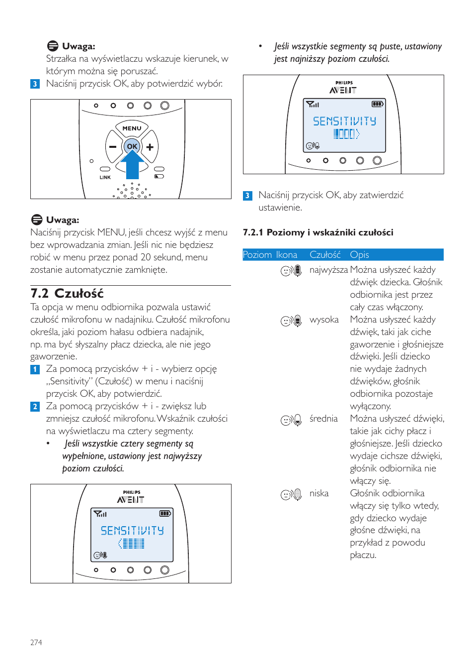 2 czułość | Philips AVENT Vigilabebés DECT User Manual | Page 274 / 460