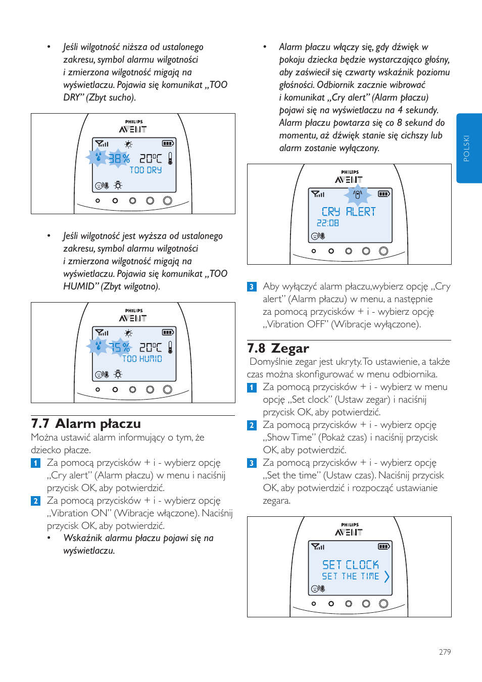 8 zegar, 7 alarm płaczu | Philips AVENT Vigilabebés DECT User Manual | Page 279 / 460