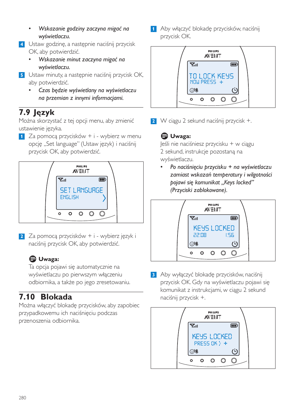 9 język, 10 blokada | Philips AVENT Vigilabebés DECT User Manual | Page 280 / 460
