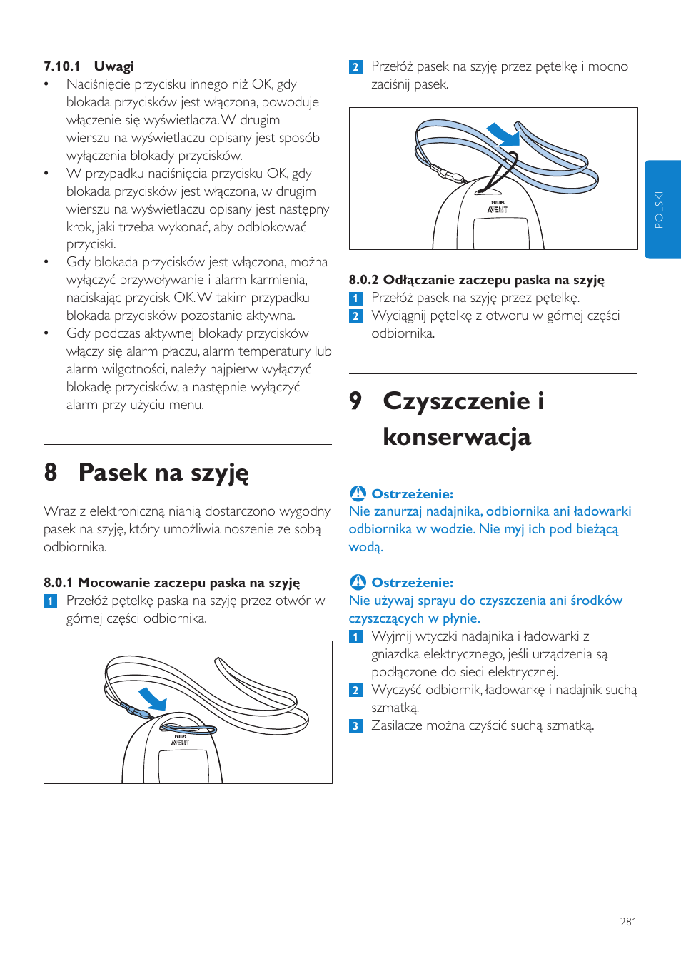 9 czyszczenie i konserwacja, 8 pasek na szyję | Philips AVENT Vigilabebés DECT User Manual | Page 281 / 460
