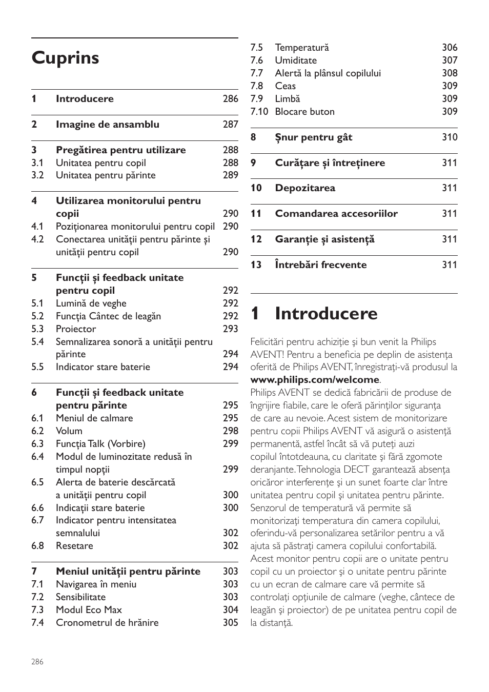 Română, Manual de utilizare, 1 introducere | Cuprins | Philips AVENT Vigilabebés DECT User Manual | Page 286 / 460