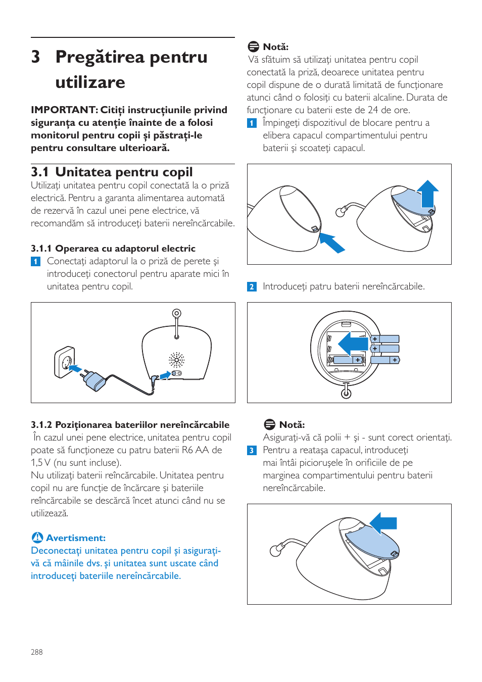 3 pregătirea pentru utilizare, 1 unitatea pentru copil | Philips AVENT Vigilabebés DECT User Manual | Page 288 / 460