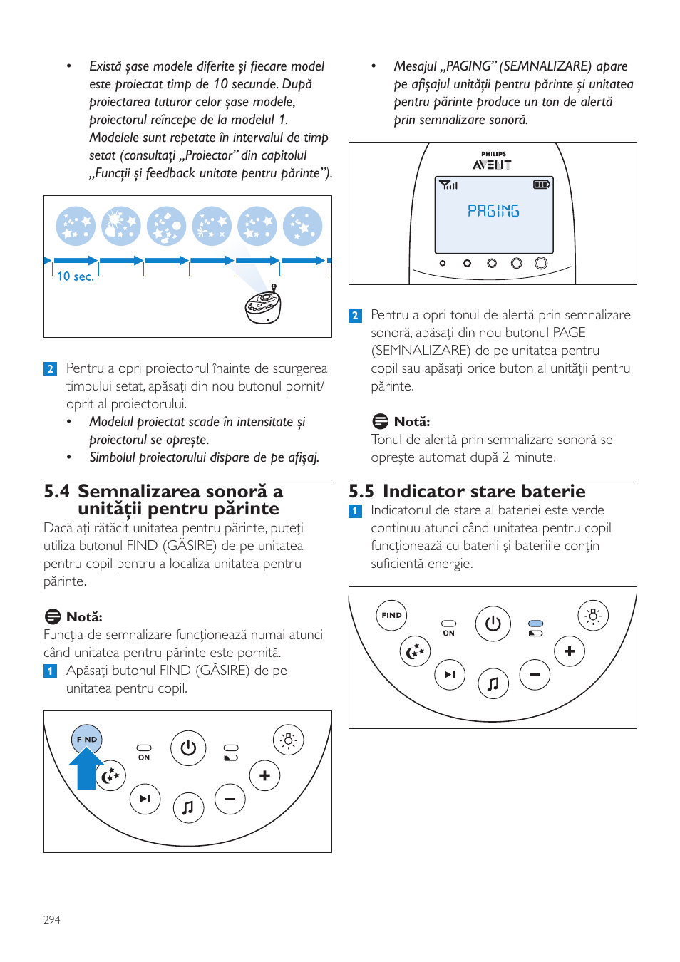 5 indicator stare baterie, 4 semnalizarea sonoră a unităţii pentru părinte | Philips AVENT Vigilabebés DECT User Manual | Page 294 / 460