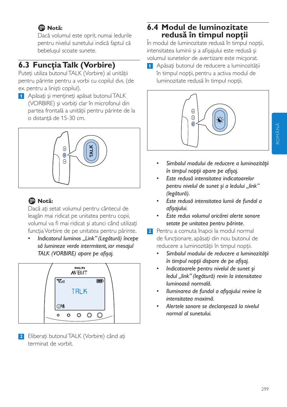4 modul de luminozitate redusă în timpul nopţii, 3 funcţia talk (vorbire) | Philips AVENT Vigilabebés DECT User Manual | Page 299 / 460