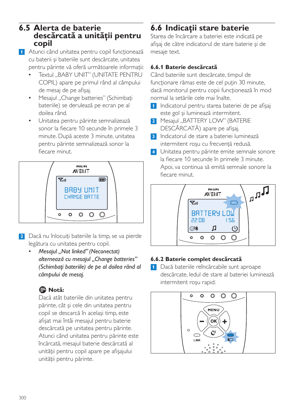 6 indicaţii stare baterie | Philips AVENT Vigilabebés DECT User Manual | Page 300 / 460