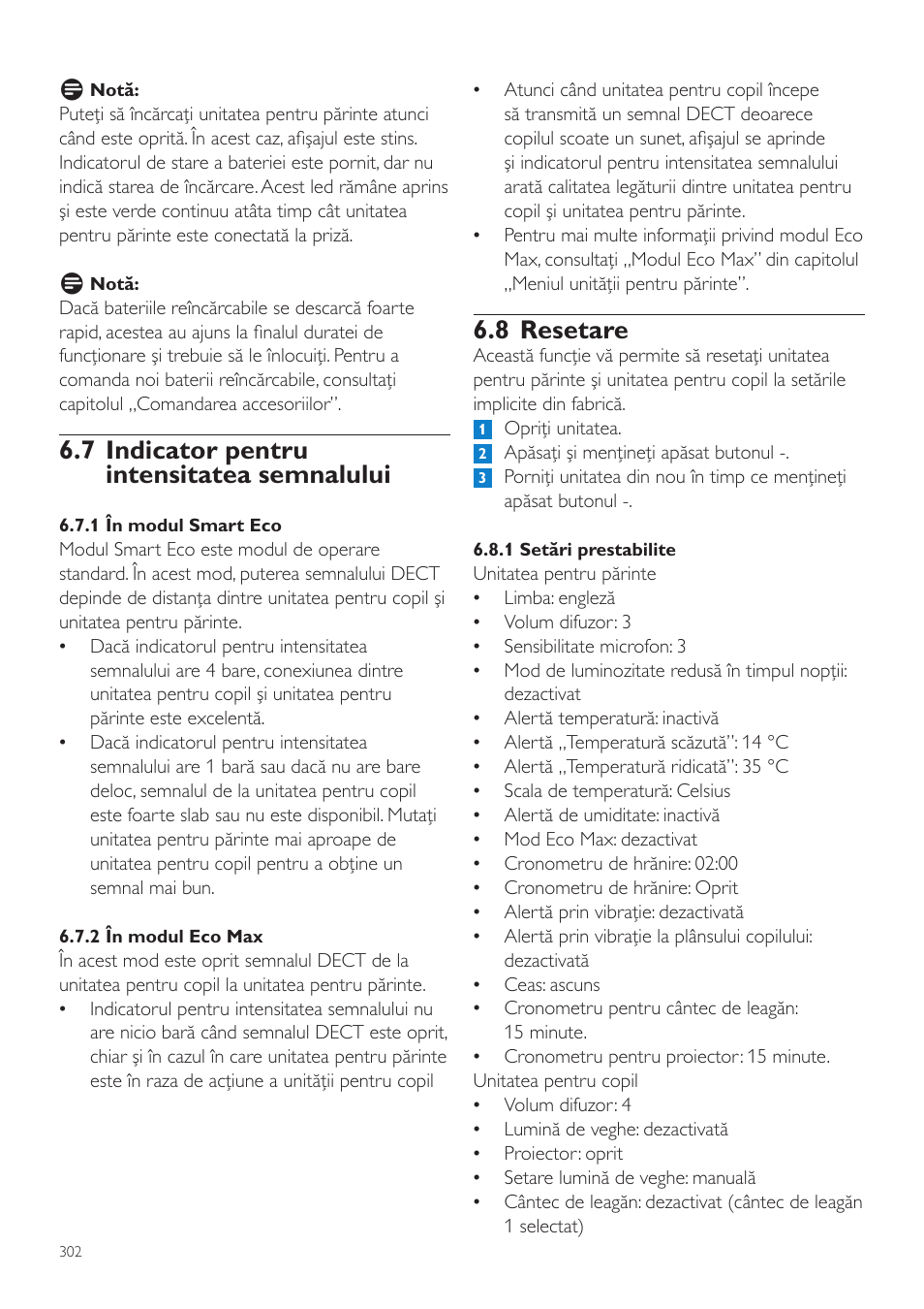 8 resetare, 7 indicator pentru intensitatea semnalului | Philips AVENT Vigilabebés DECT User Manual | Page 302 / 460
