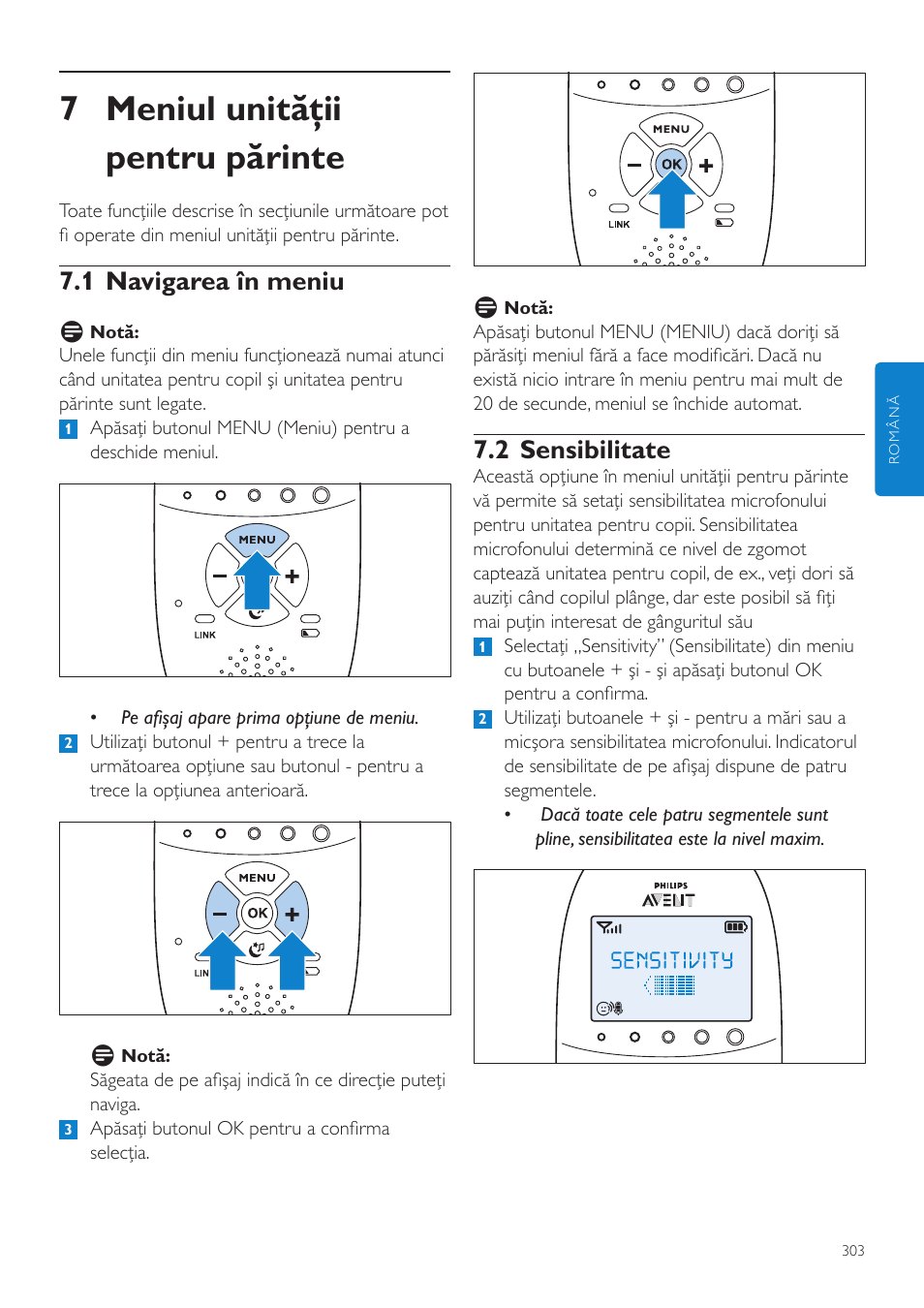 7 meniul unităţii pentru părinte, 2 sensibilitate, 1 navigarea în meniu | Philips AVENT Vigilabebés DECT User Manual | Page 303 / 460