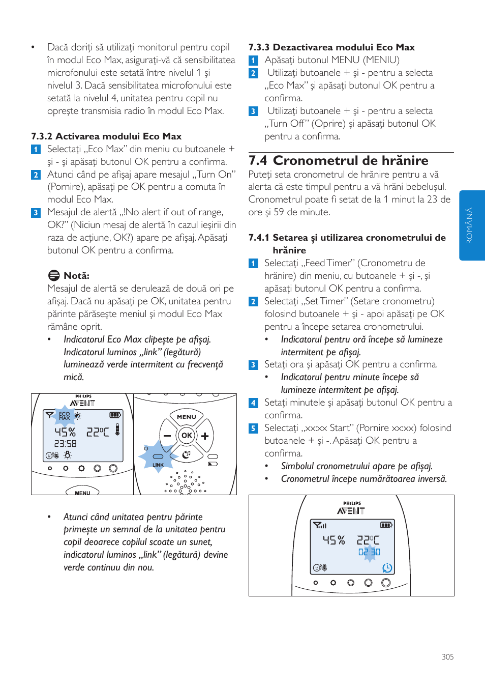 4 cronometrul de hrănire | Philips AVENT Vigilabebés DECT User Manual | Page 305 / 460
