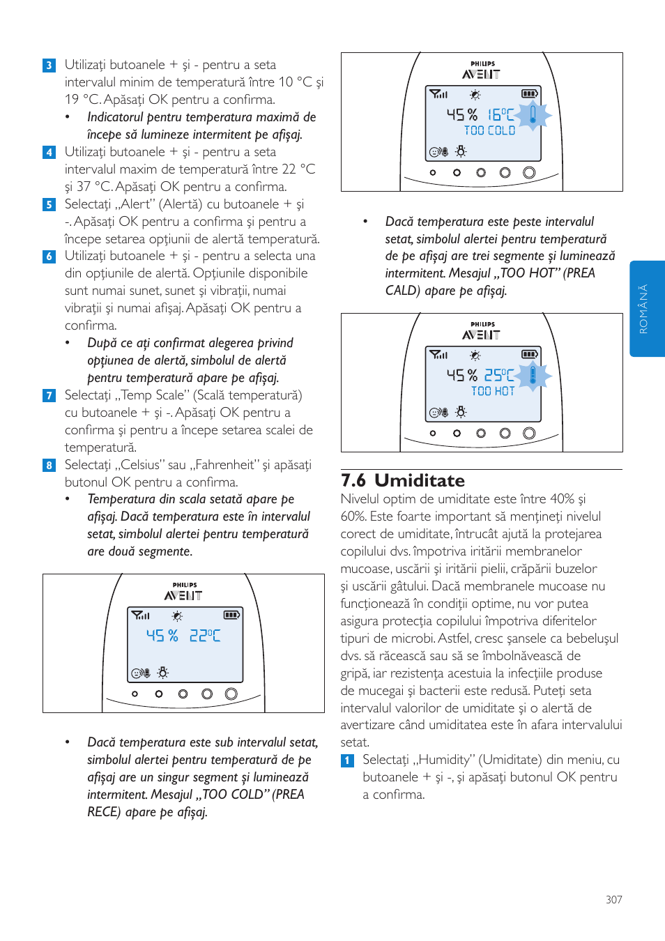6 umiditate | Philips AVENT Vigilabebés DECT User Manual | Page 307 / 460