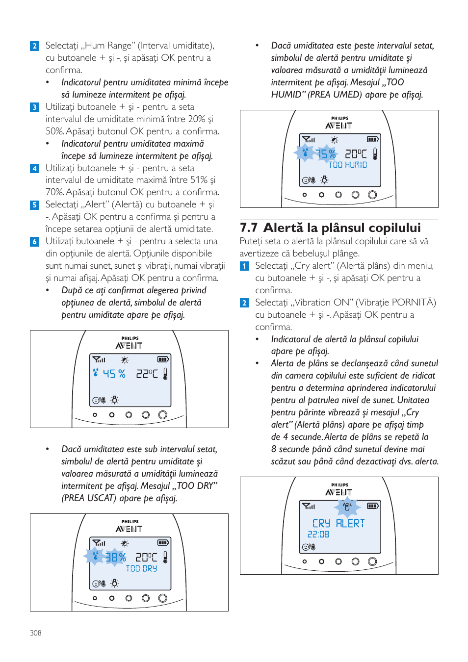 7 alertă la plânsul copilului | Philips AVENT Vigilabebés DECT User Manual | Page 308 / 460