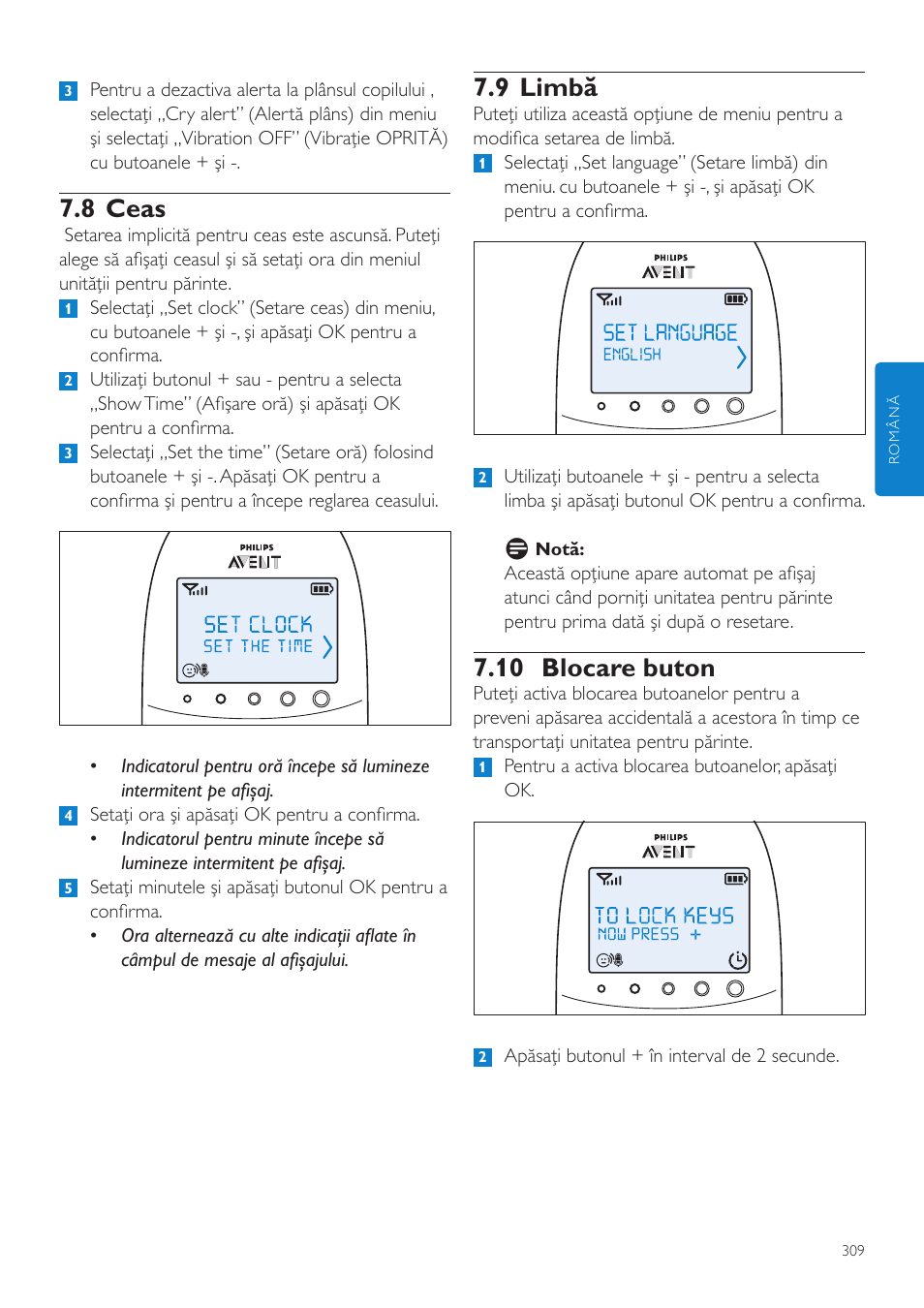 9 limbă, 10 blocare buton, 8 ceas | Philips AVENT Vigilabebés DECT User Manual | Page 309 / 460