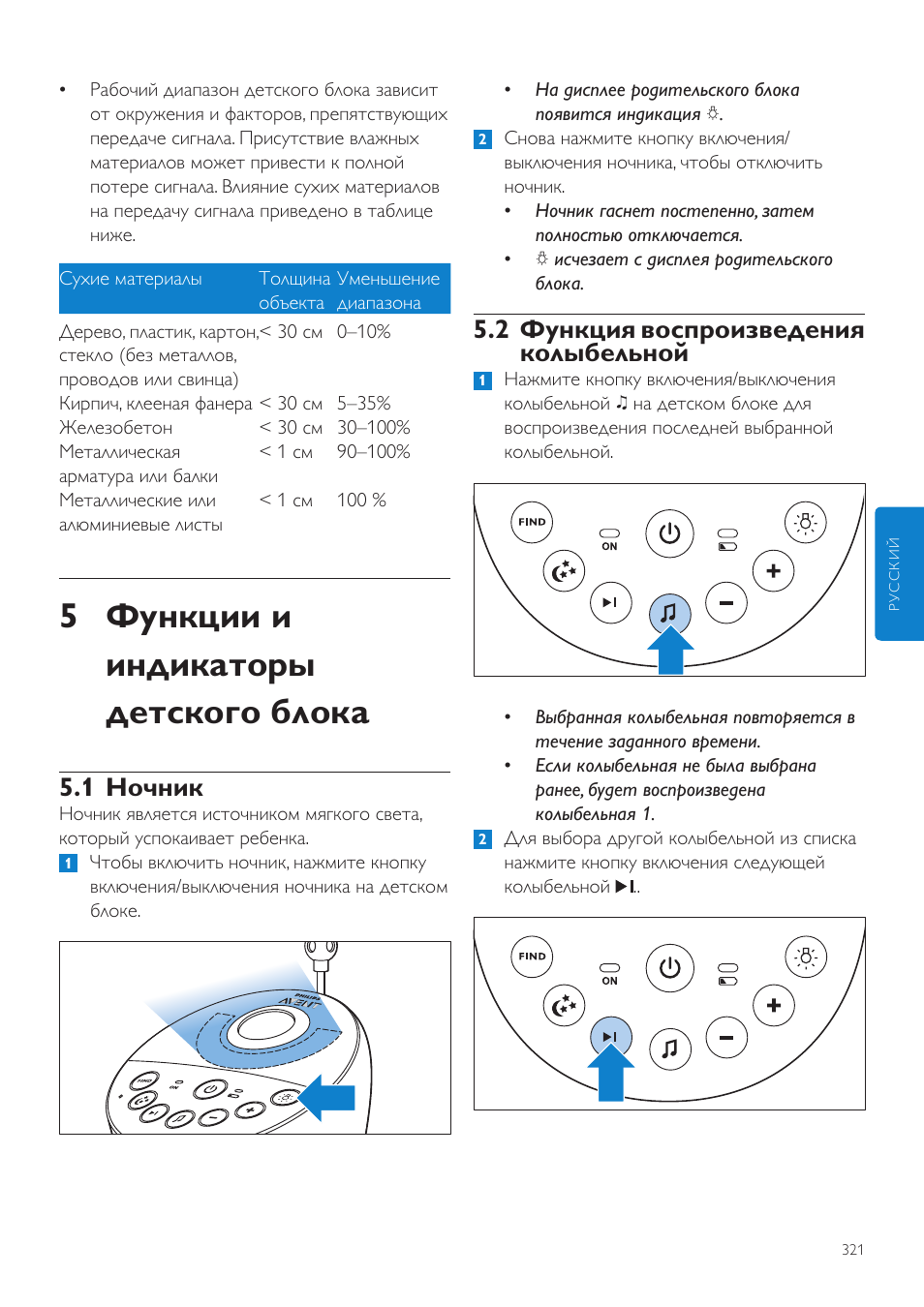 5 функции и индикаторы детского блока, 2 функция воспроизведения колыбельной, 1 ночник | Philips AVENT Vigilabebés DECT User Manual | Page 321 / 460