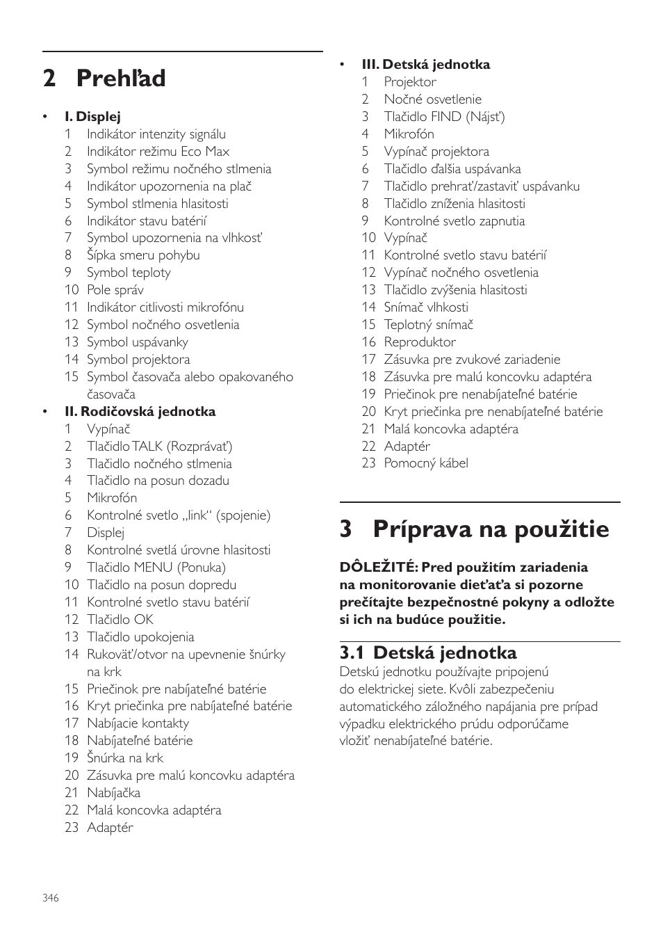 3 príprava na použitie, 2 prehľad, 1 detská jednotka | Philips AVENT Vigilabebés DECT User Manual | Page 346 / 460