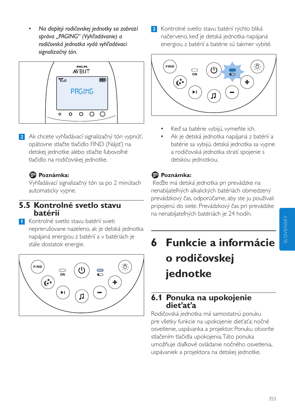 6 funkcie a informácie o rodičovskej jednotke, 1 ponuka na upokojenie dieťaťa, 5 kontrolné svetlo stavu batérií | Philips AVENT Vigilabebés DECT User Manual | Page 353 / 460