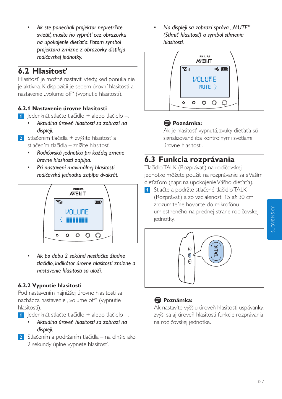 3 funkcia rozprávania, 2 hlasitosť | Philips AVENT Vigilabebés DECT User Manual | Page 357 / 460