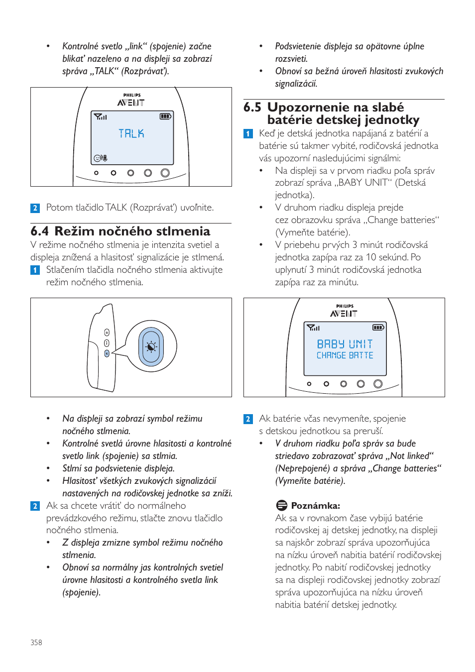 5 upozornenie na slabé batérie detskej jednotky, 4 režim nočného stlmenia | Philips AVENT Vigilabebés DECT User Manual | Page 358 / 460